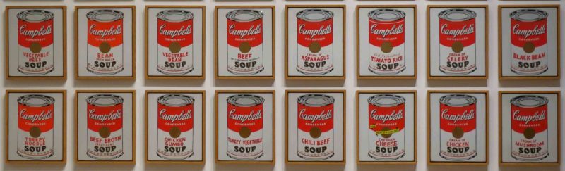 Half of Warhol's set of 32 Campbell's Soup Cans, 1962, synthetic polymer paint on canvas, each 20 x 16", The Museum of Modern Art, New York.