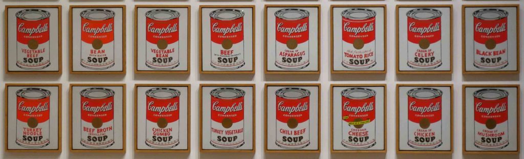 Half of Warhol's set of 32 Campbell's Soup Cans, 1962, synthetic polymer paint on canvas, each 20 x 16", The Museum of Modern Art, New York.